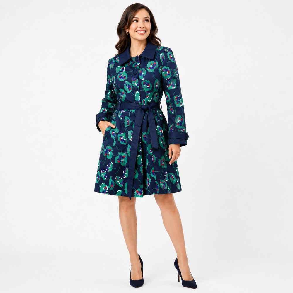 ModCloth Womens Dress Trench Coat Size XL Navy Floral Cotton Retro Mod Jacket